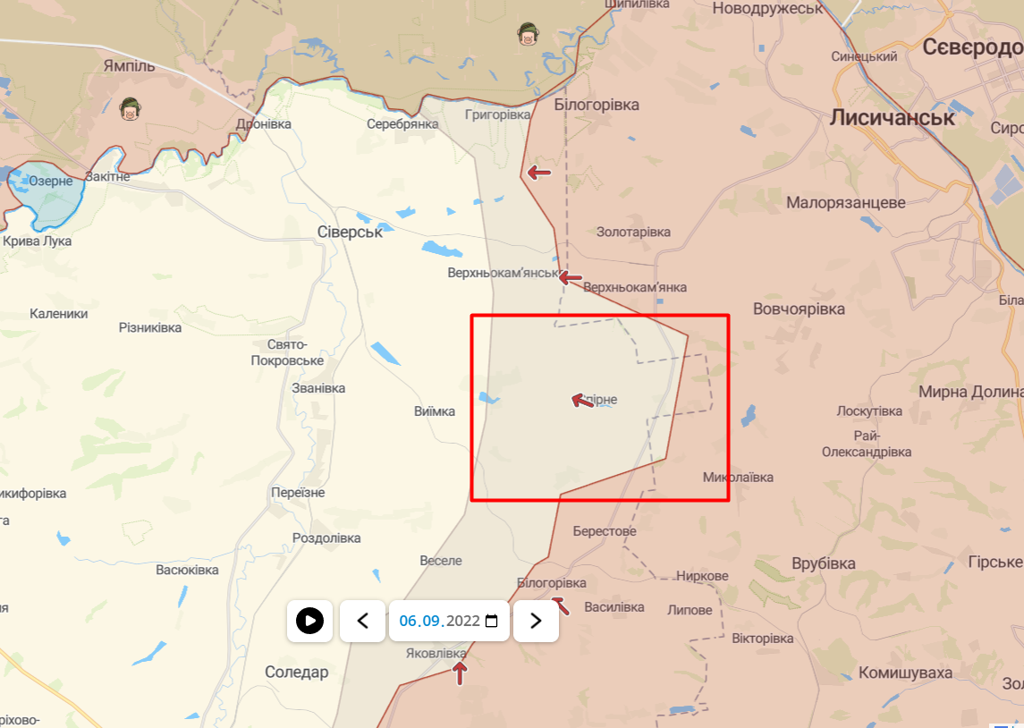 Карта бойових дій на ділянці фронту Донецької та Луганської областей станом на 06.09.22
