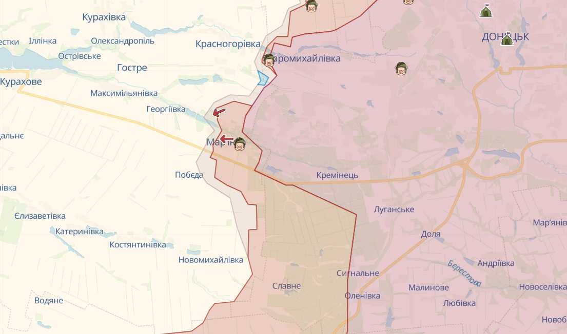 Карта бойових дій біля Мар'їнки станом на 13.07.2023