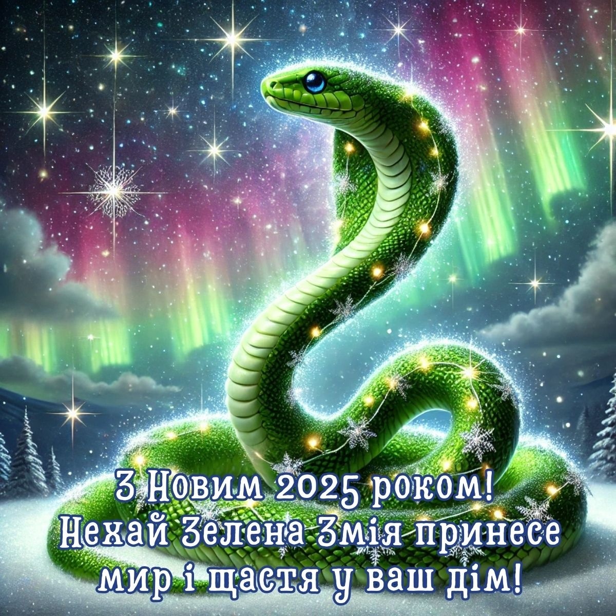 Зелена змія на фоні північного сяйва