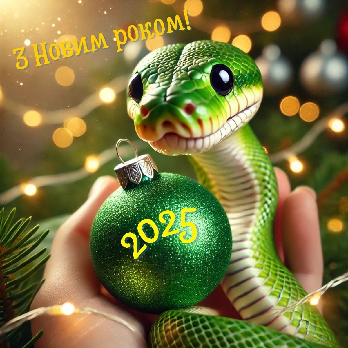 Змія тримає зелену новорічну іграшку з цифрами 2025